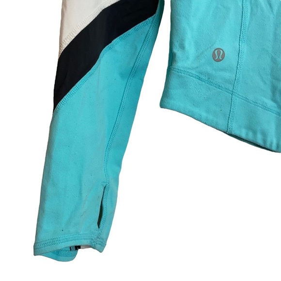 Lululemon Blue White Black Track Jacket Hood Ponytail Hole Thumbholes Pockets 8 - Picture 8 of 15